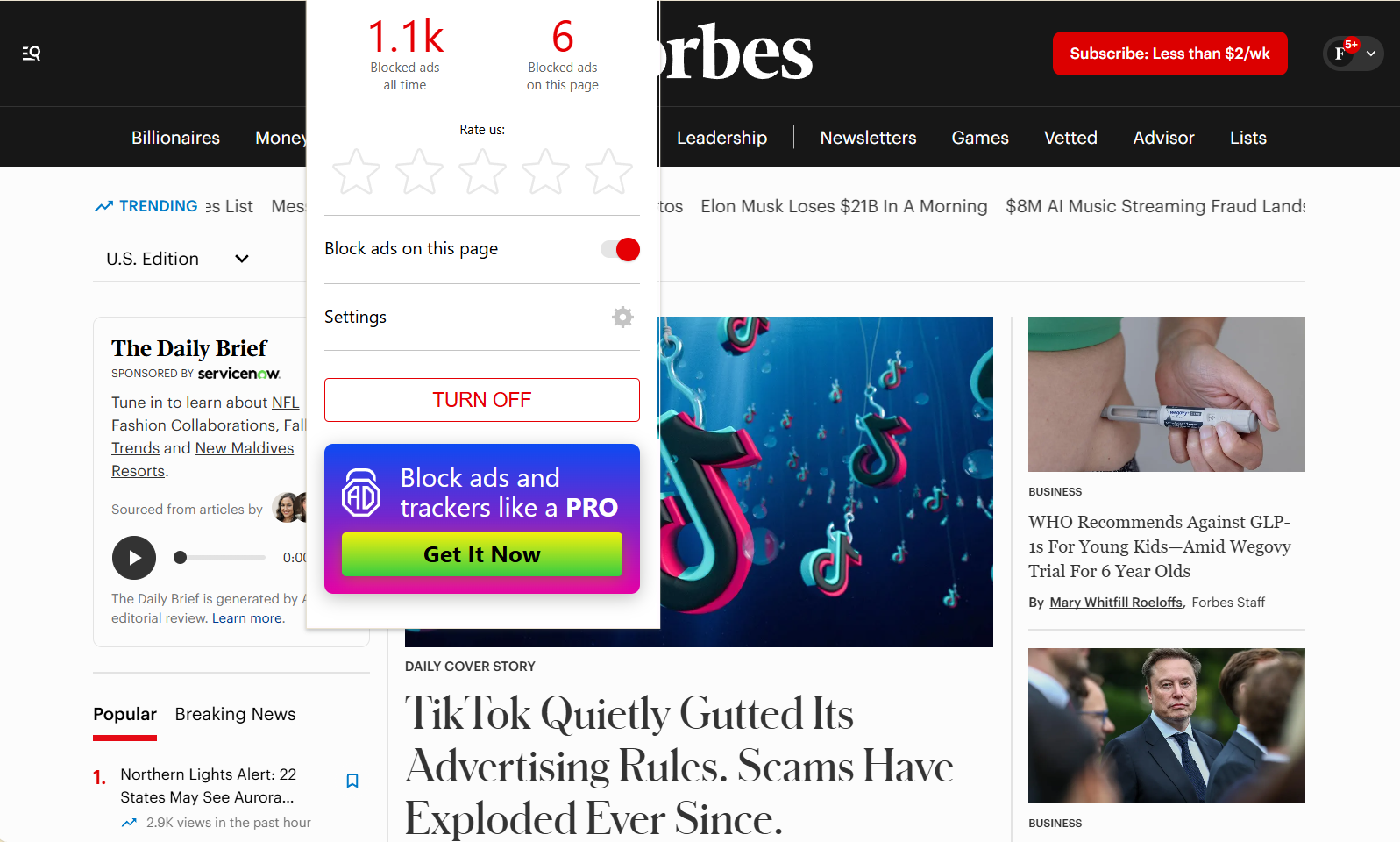 Forbes homepage with AdLock extension open (6 ads blocked)