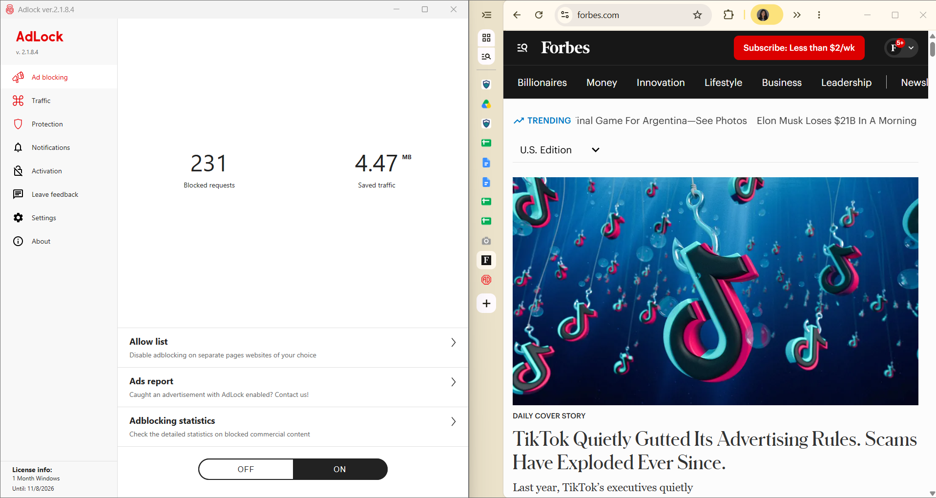 AdLock desktop app side-by-side with Forbes homepage (231 blocked requests)