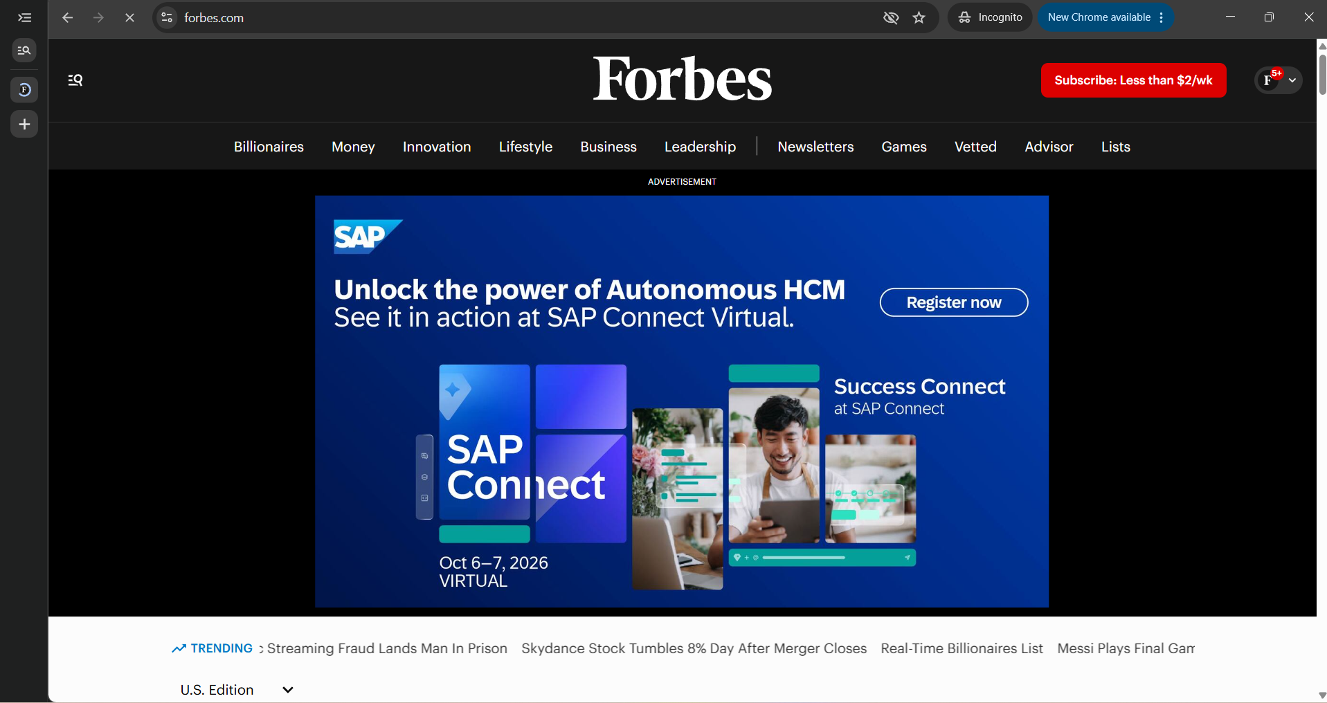 Forbes homepage before enabling AdLock desktop app 