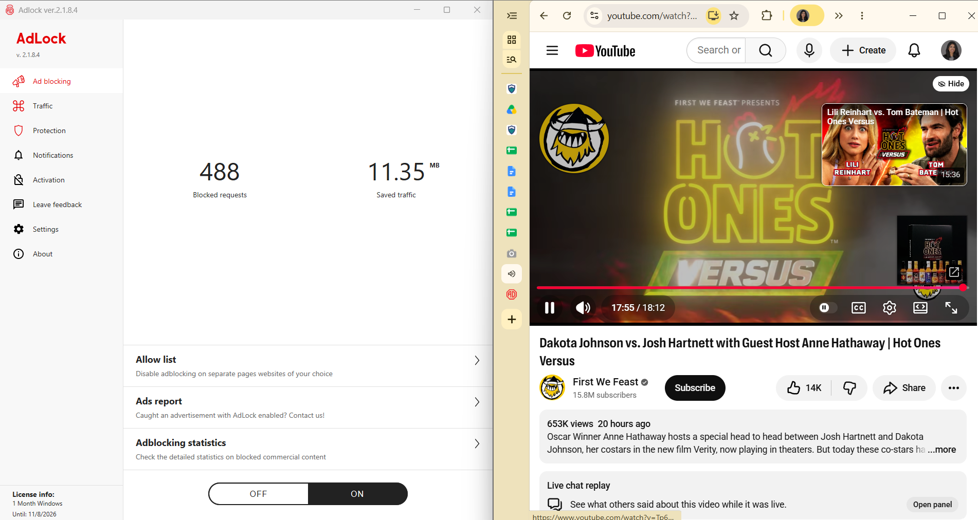 AdLock desktop app side-by-side with YouTube video (488 blocked requests)