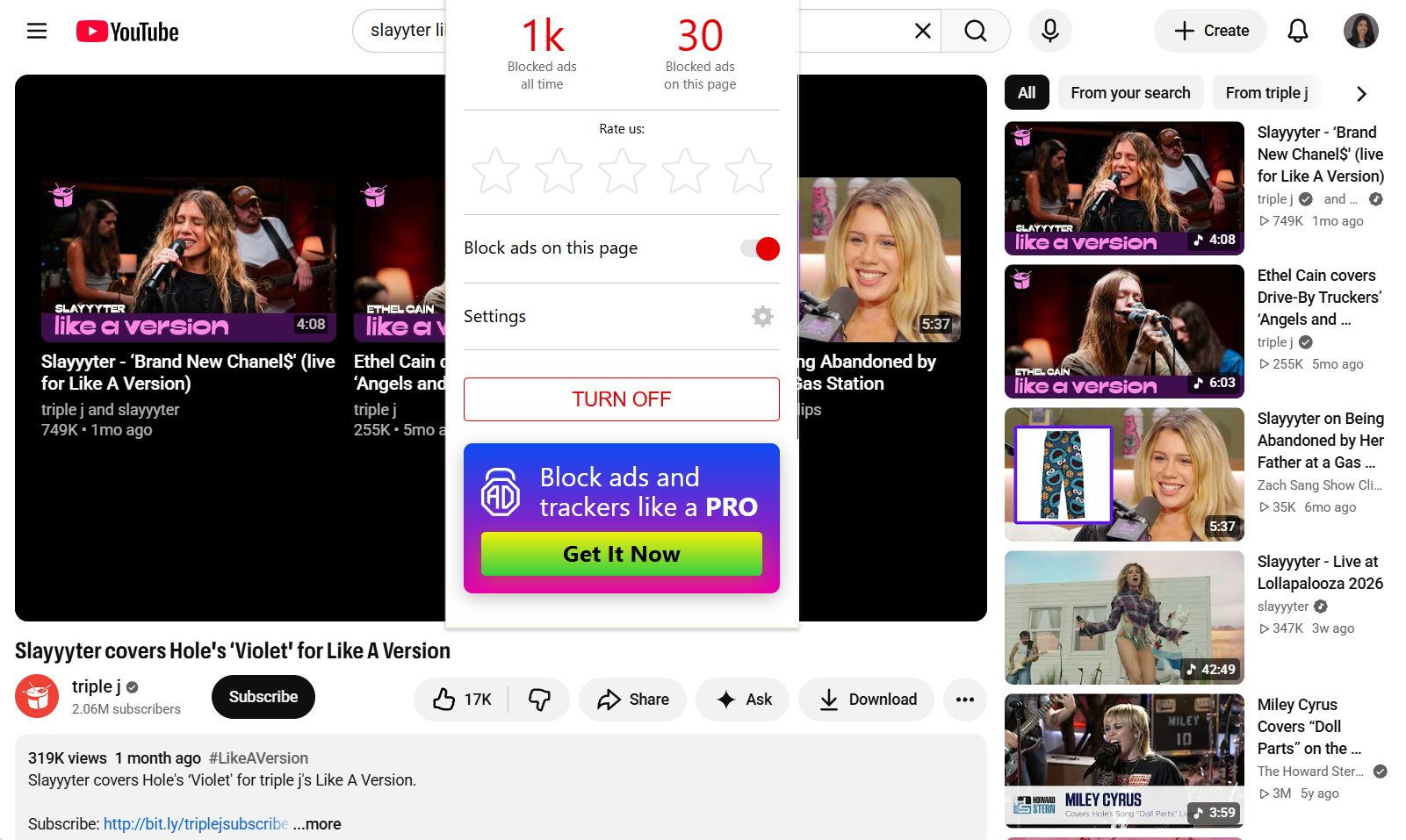 End of a YouTube video with Adlock extension open in the foreground