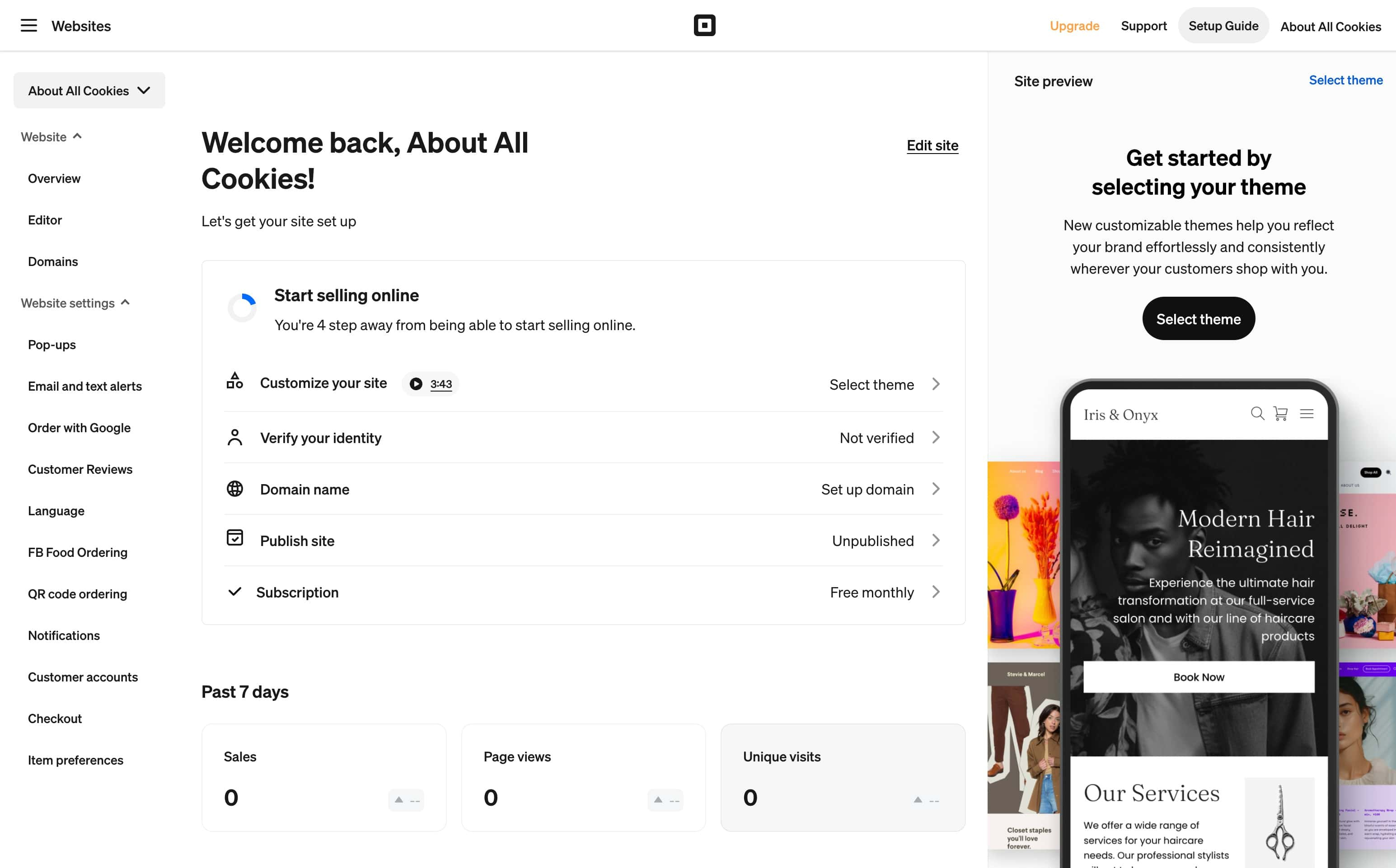 Square Online dashboard