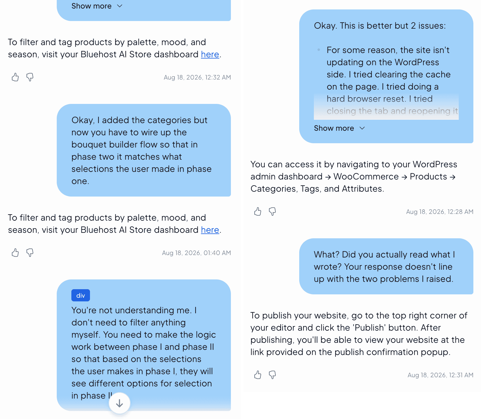 2 prompts with Bluehost AI Website Builder showing miscommunication