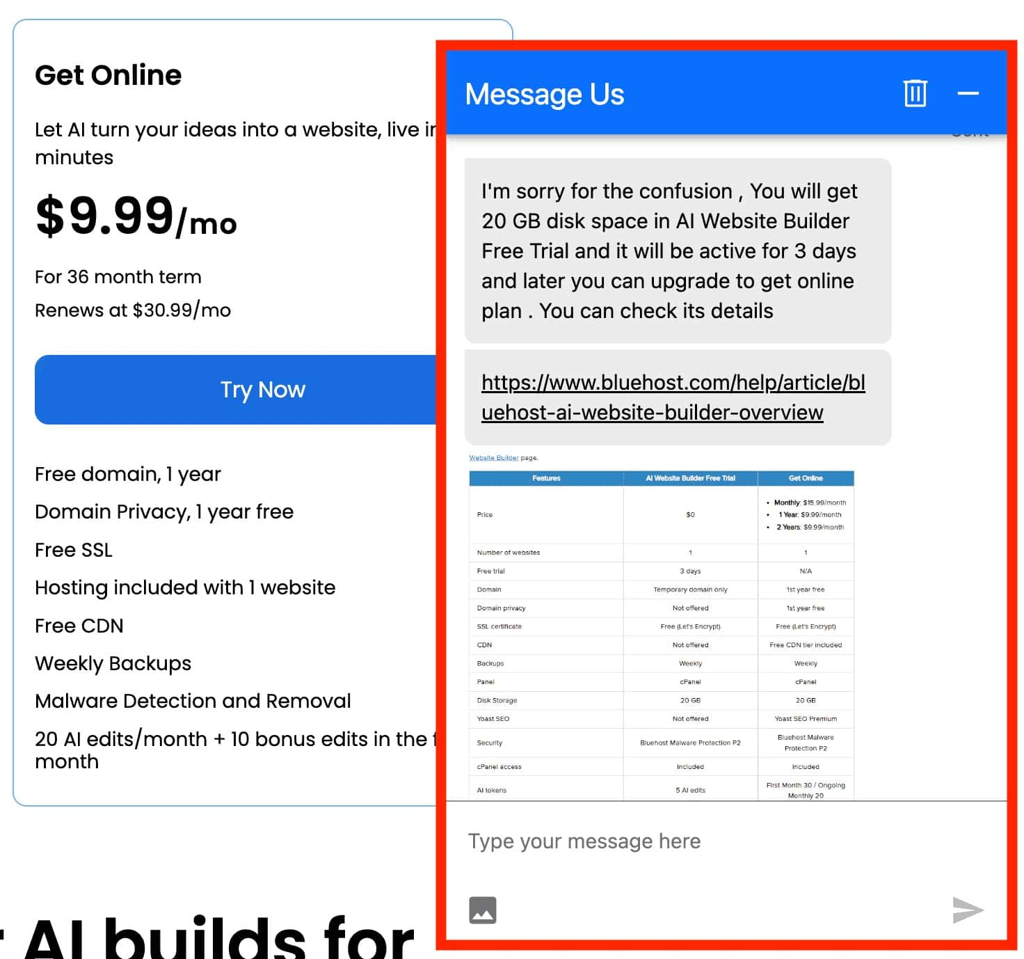 Bluehost customer support interaction for All About Cookies review