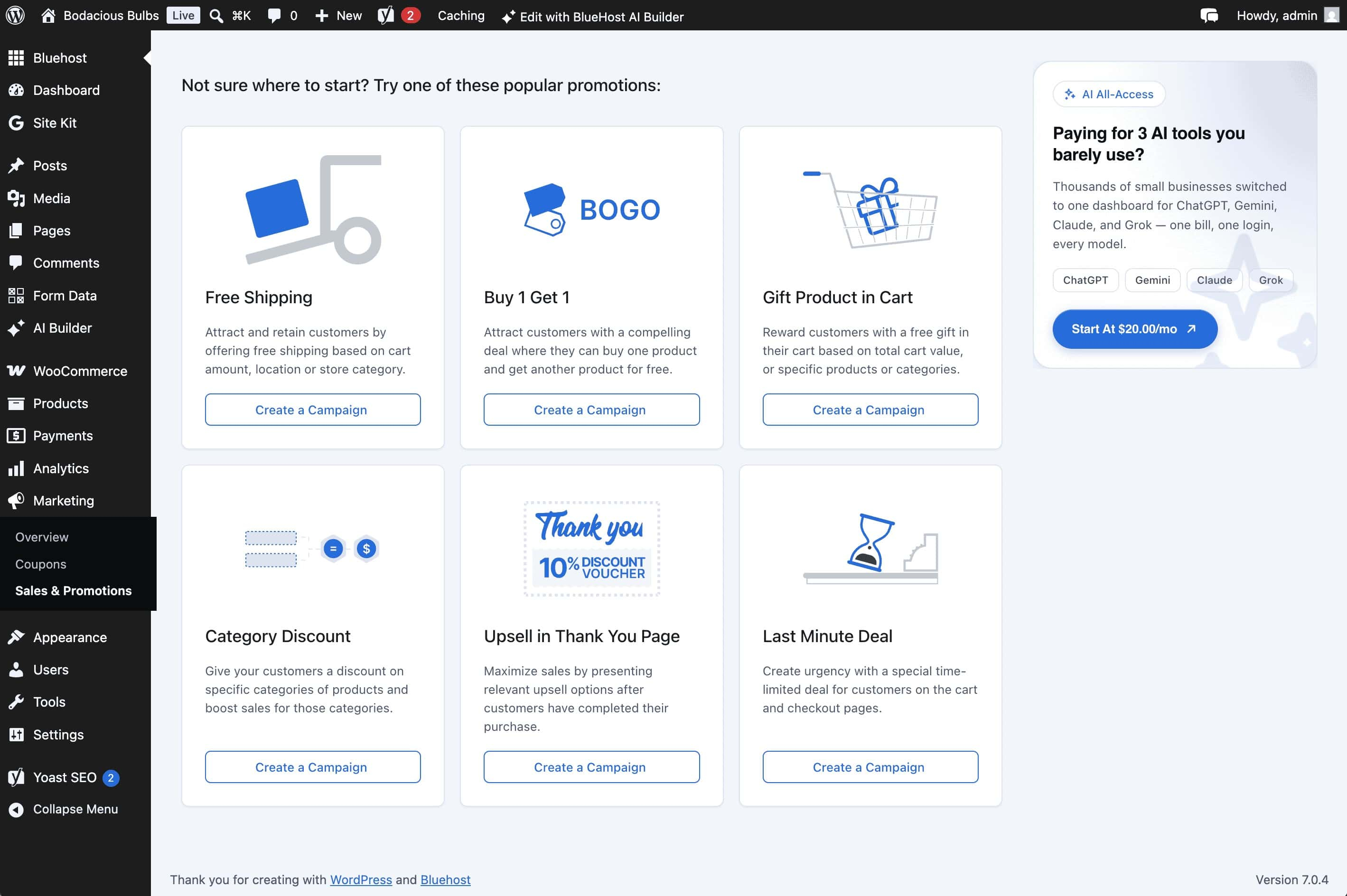 Bluehost AI is fully configured with WordPress marketing tools