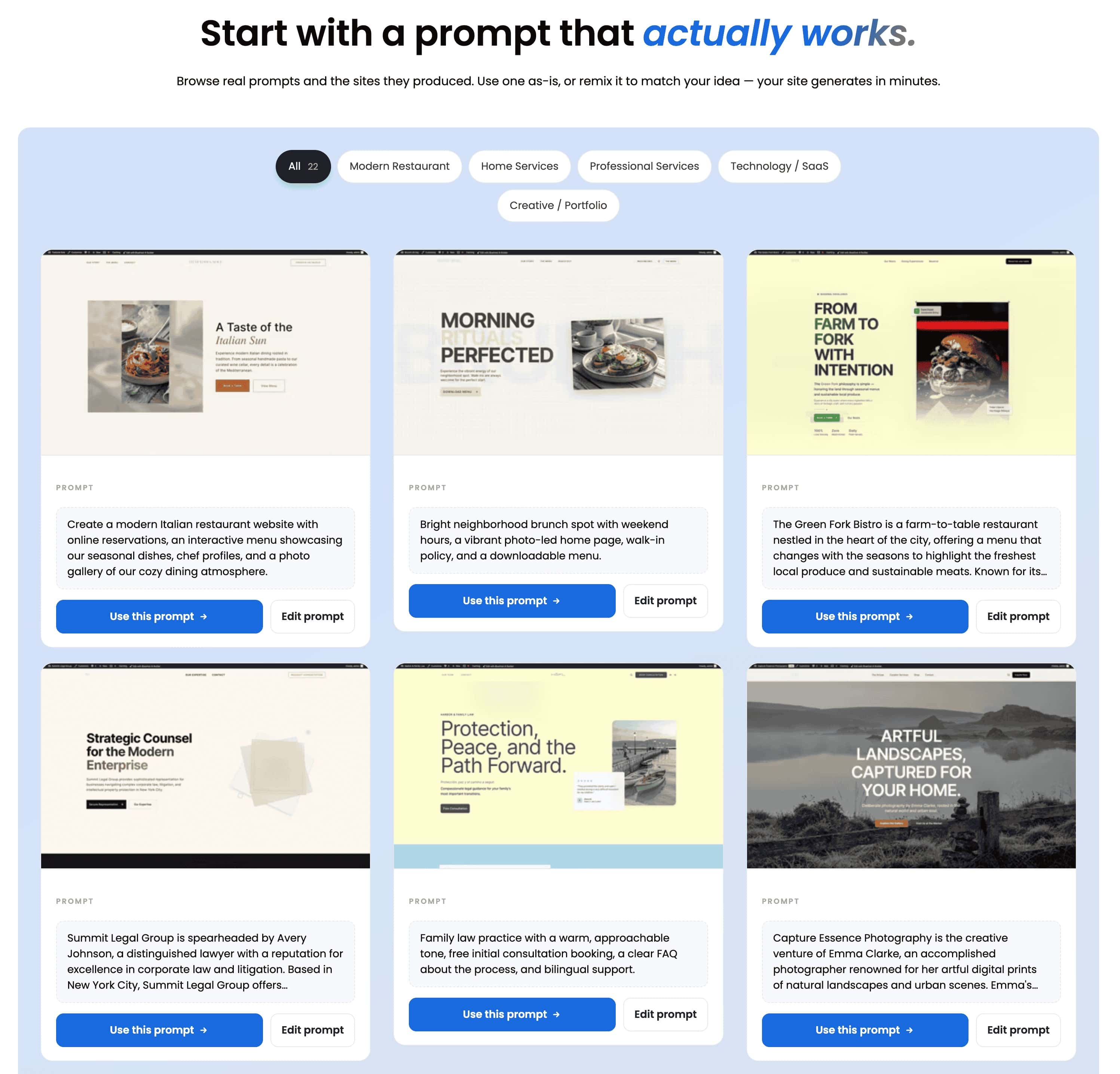 Bluehost AI Website Builder suggested prompts