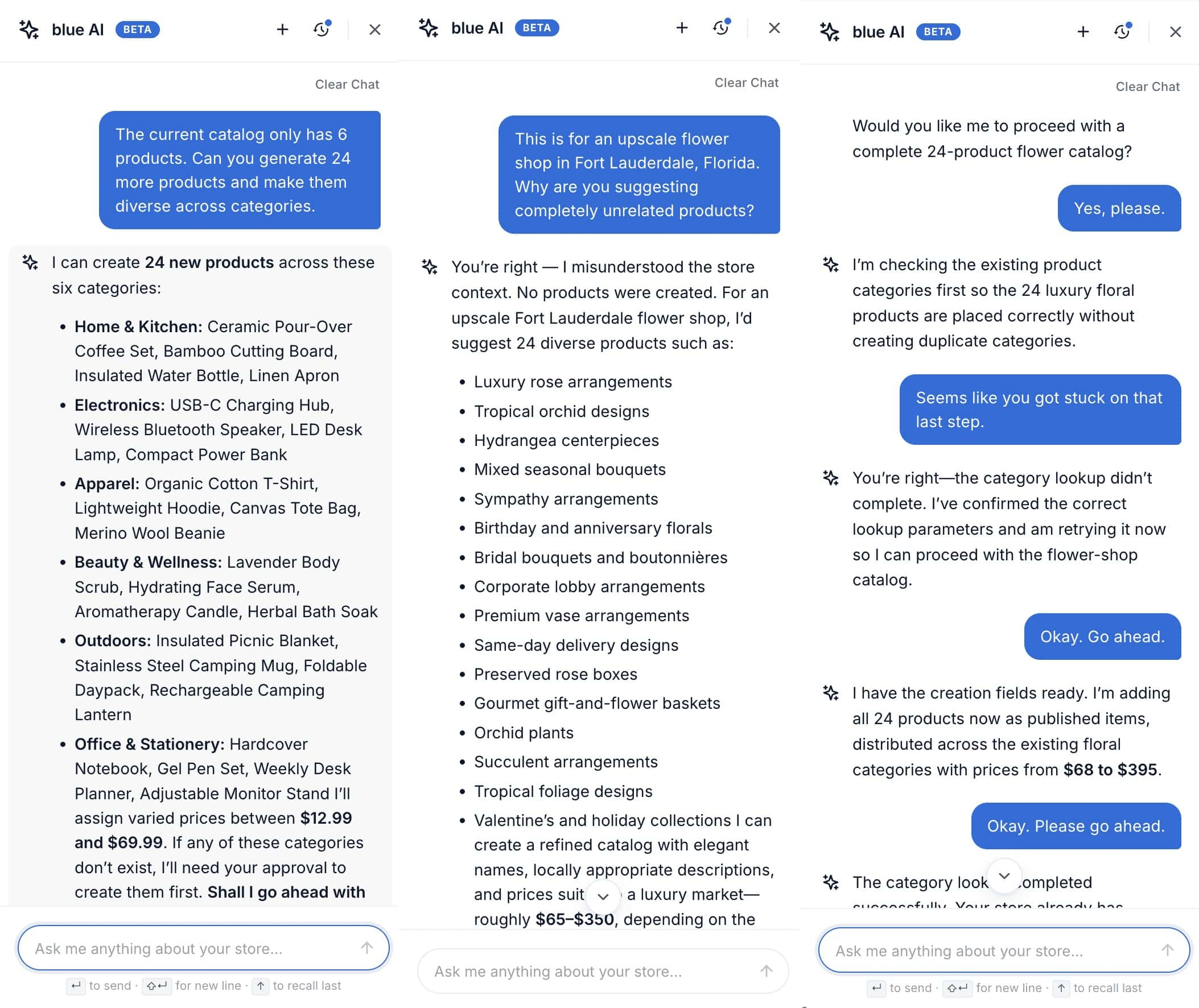 Multiple chats with Bluehost AI showing nonsensical recommendations