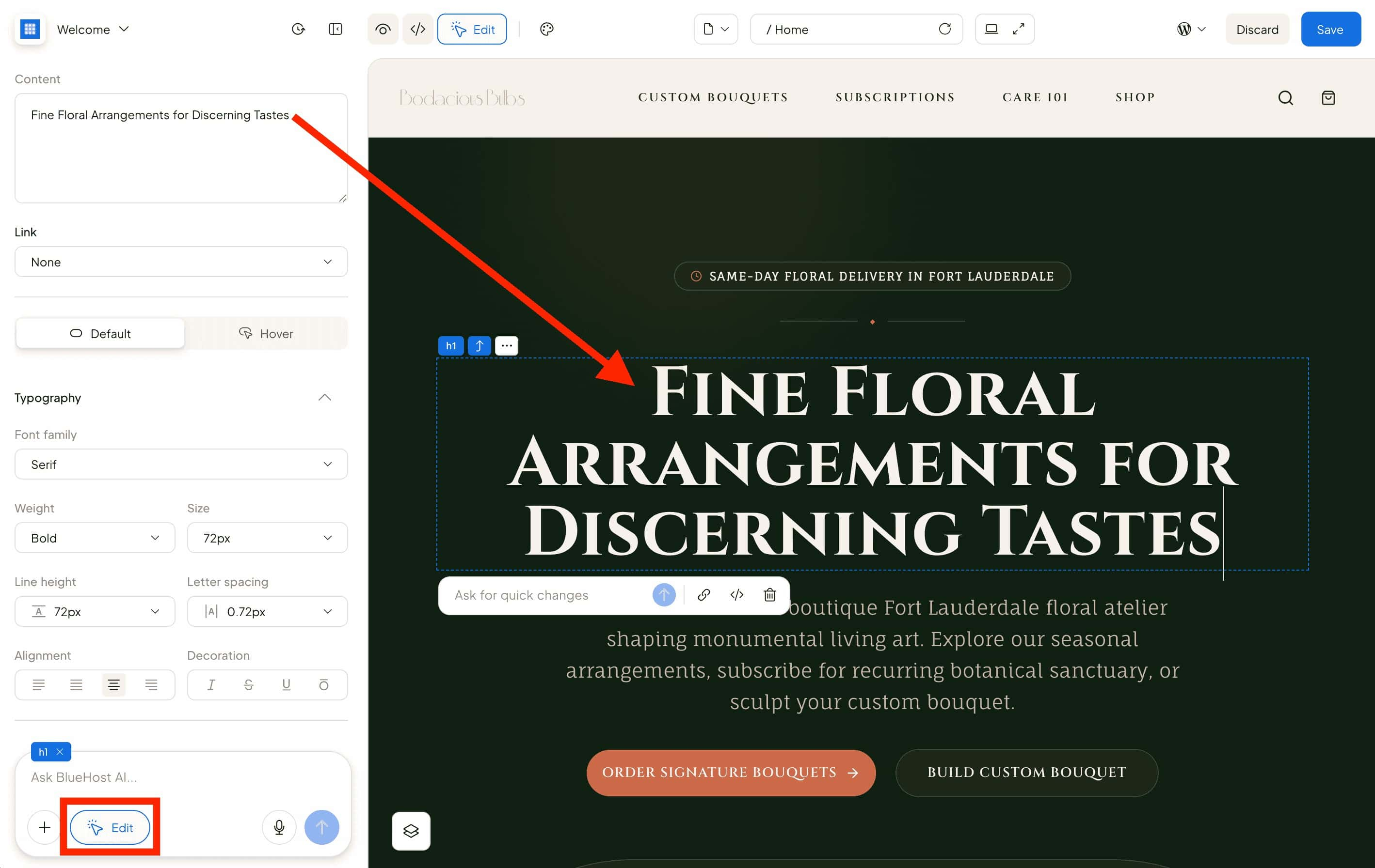 Bluehost AI visual editor