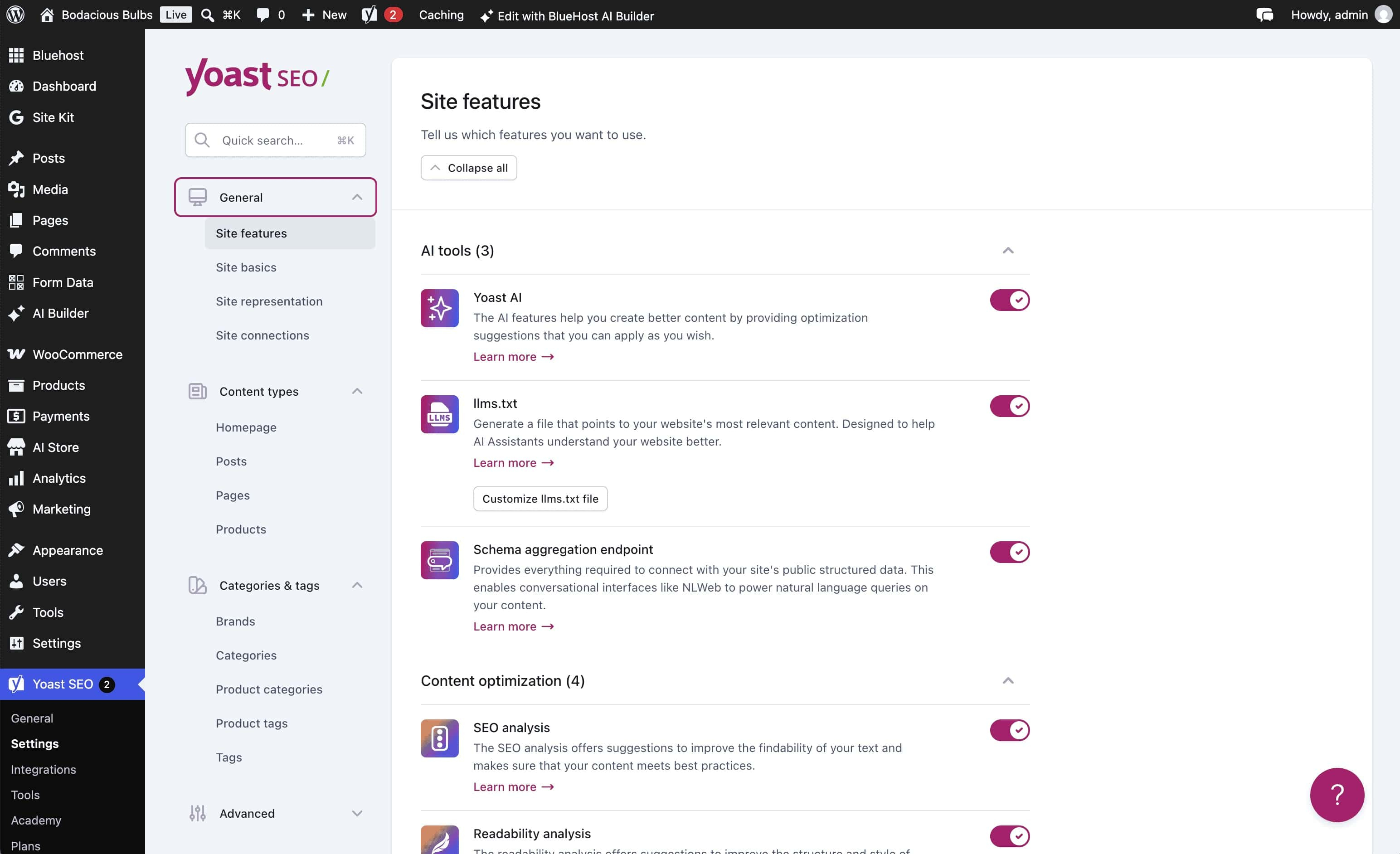 Yoast SEO Premium with Bluehost AI Website Builder