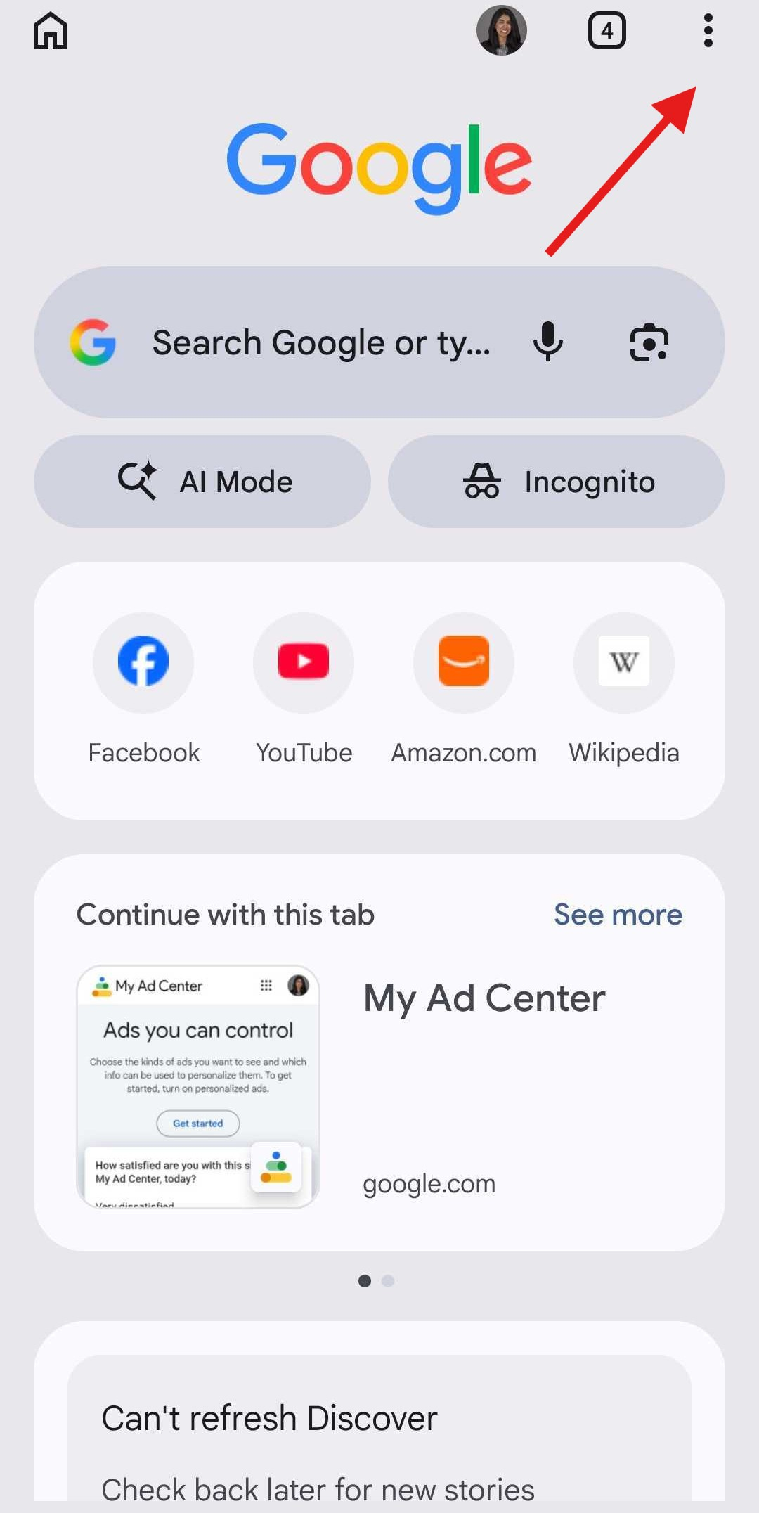 Google Chrome for Android main page with arrow pointing to settings