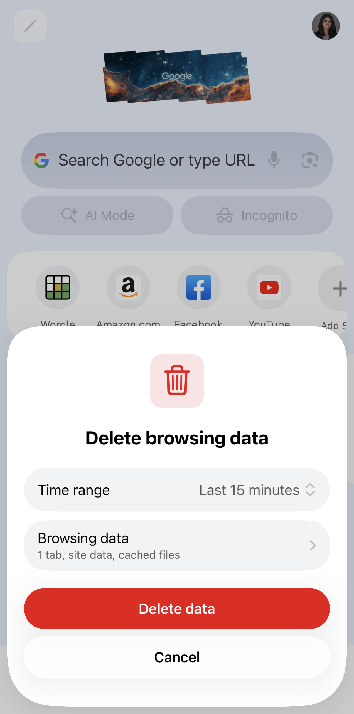 Google Chrome on iOS delete browsing data window
