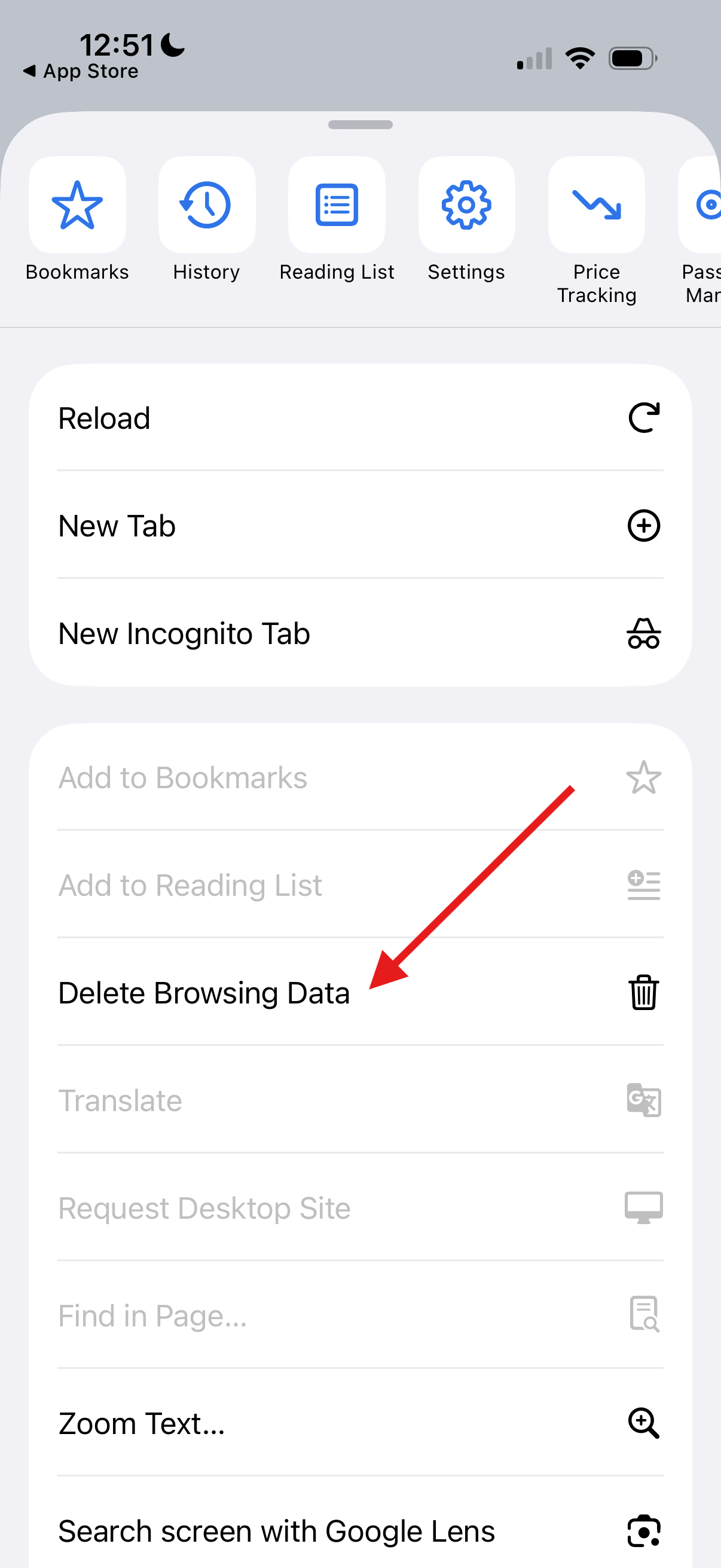 Google Chrome on iOS settings with arrow pointing to Delete Browsing Data