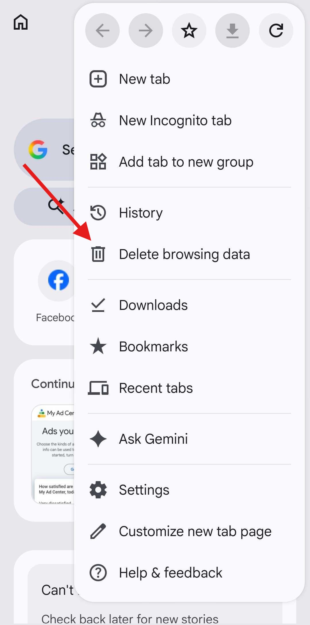 Google Chrome on Android settings with arrow pointing to Delete browsing data