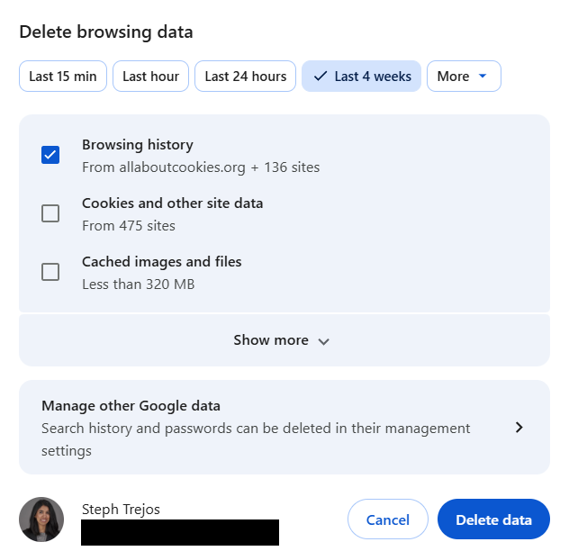 Google Chrome delete browsing data window
