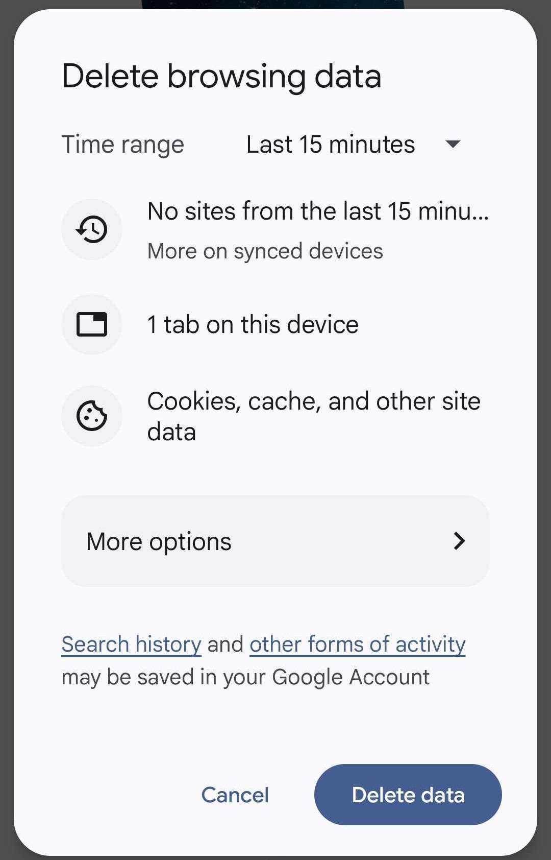 Delete browsing data window from Google app on Android