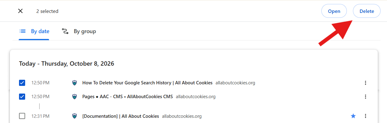 Google search history checking off two sites to delete data
