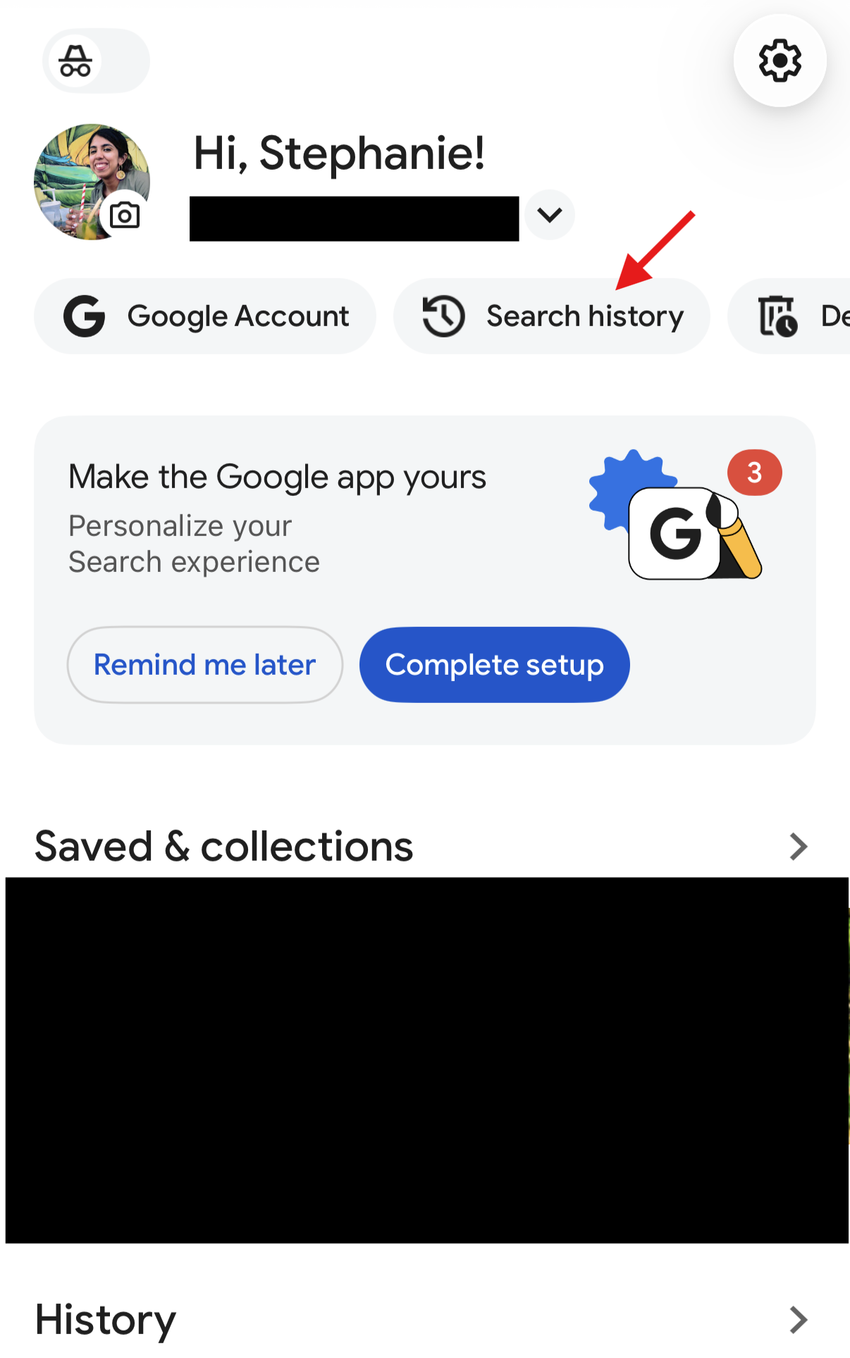 Google app profile settings with an arrow pointing to search history button