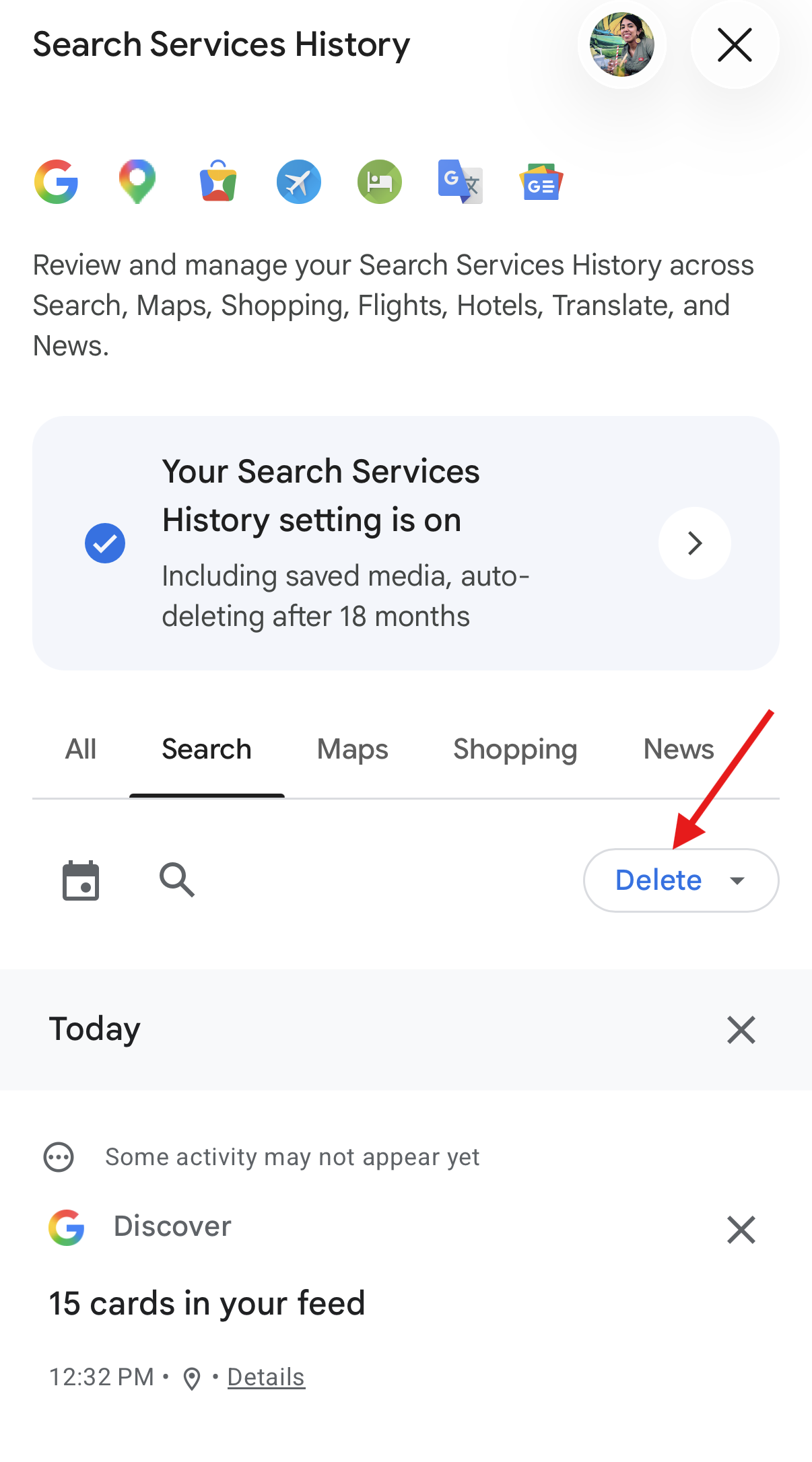 Google app search history tab with an arrow pointing to delete button