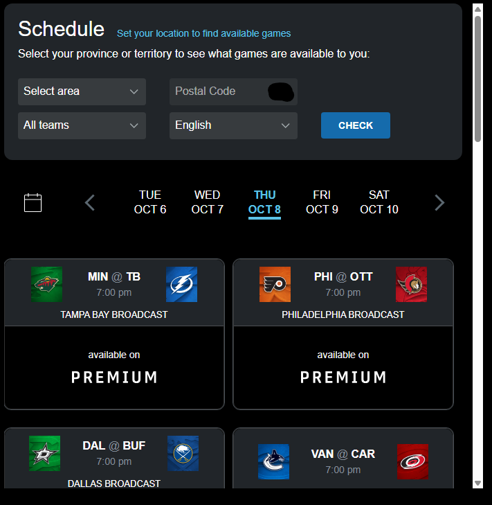 Sportsnet+ NHL Game Finder tool