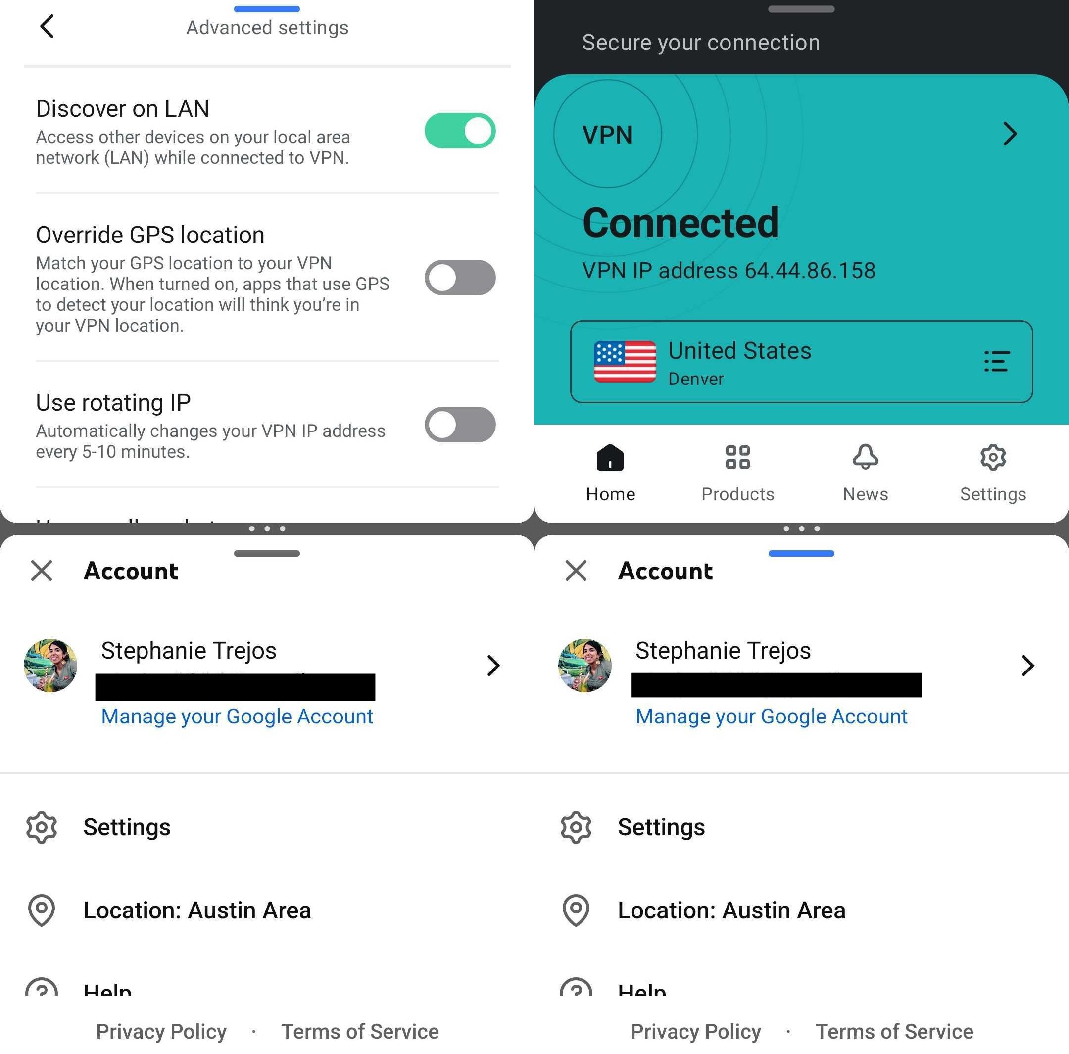 GPS Override off: same Denver server, but YouTube TV still sees Austin.