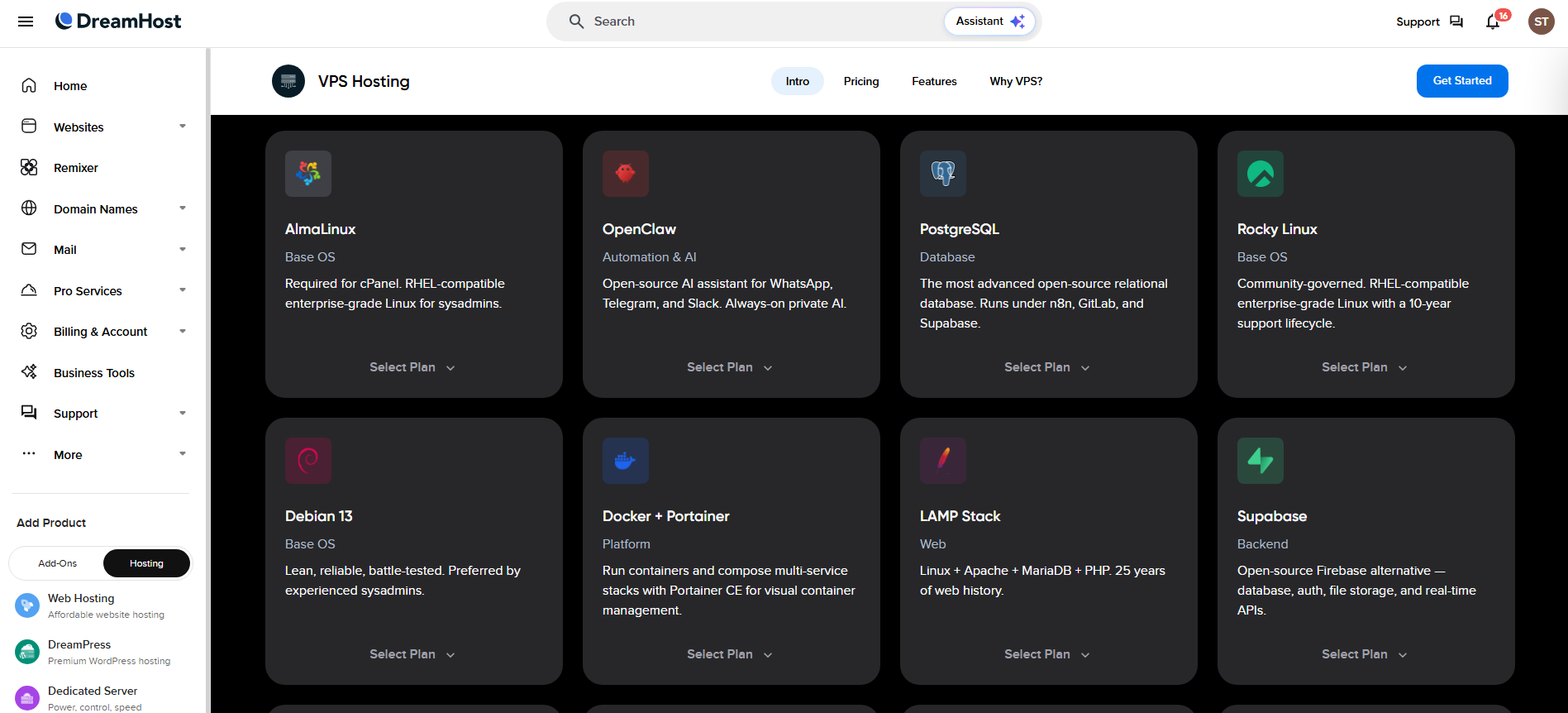 DreamHost VPS dashboard with AI agents