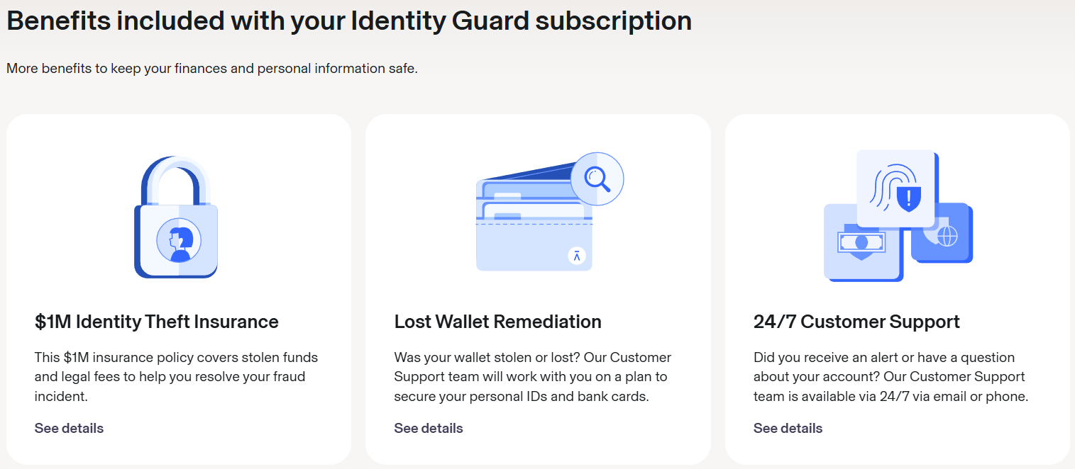 Identity Guard benefits tab with buttons of identity theft insurance, lost wallet remediation, and 24/7 customer support