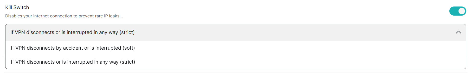Surfshark kill switch feature with dropdown showing soft and strict kill switch options