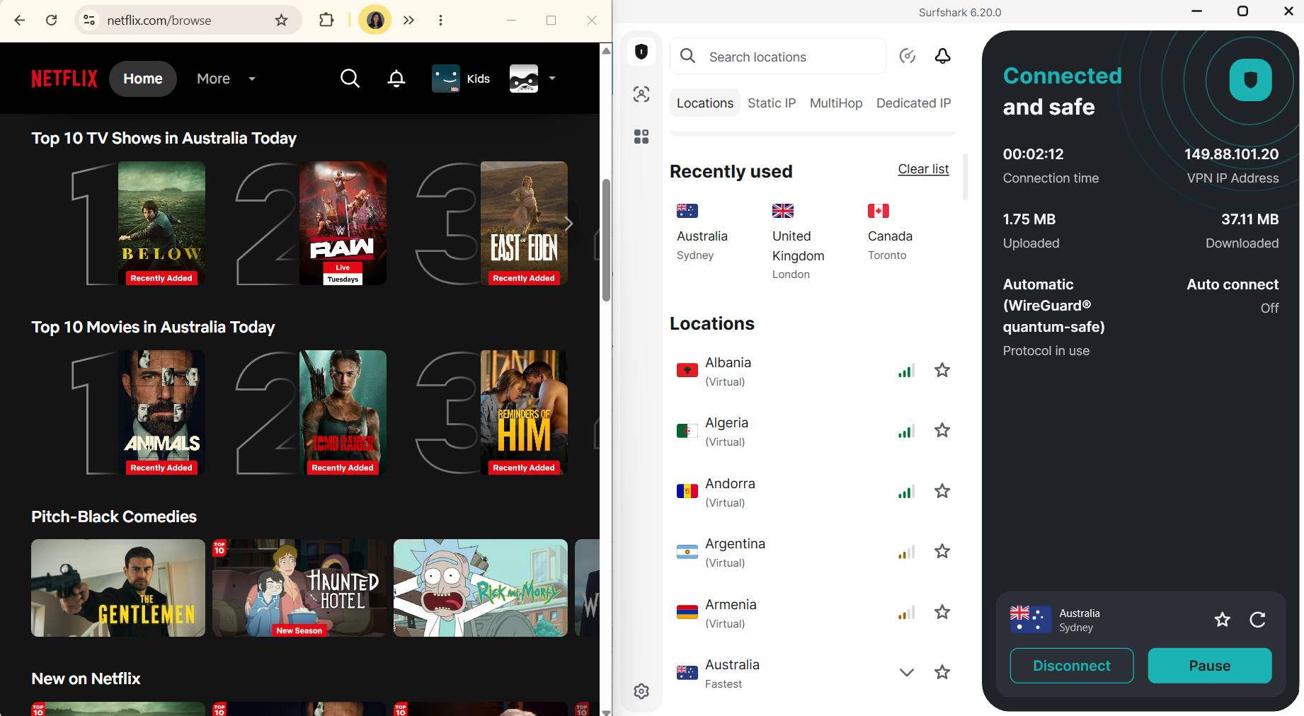 Netflix list of top shows and movies in Australia today with Surfshark in the foreground