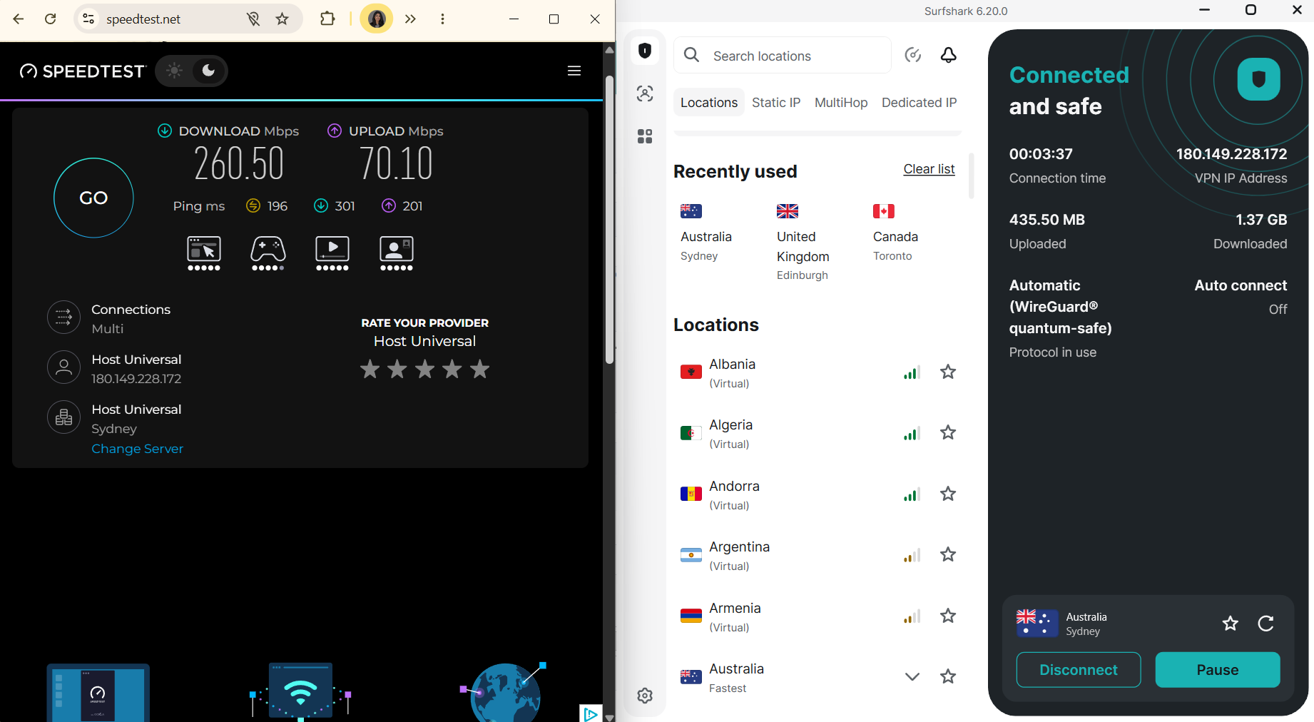 Speed test results for Surfshark while connected to a server in Dallas (260.50 download, 70.10 upload, 196 ping)