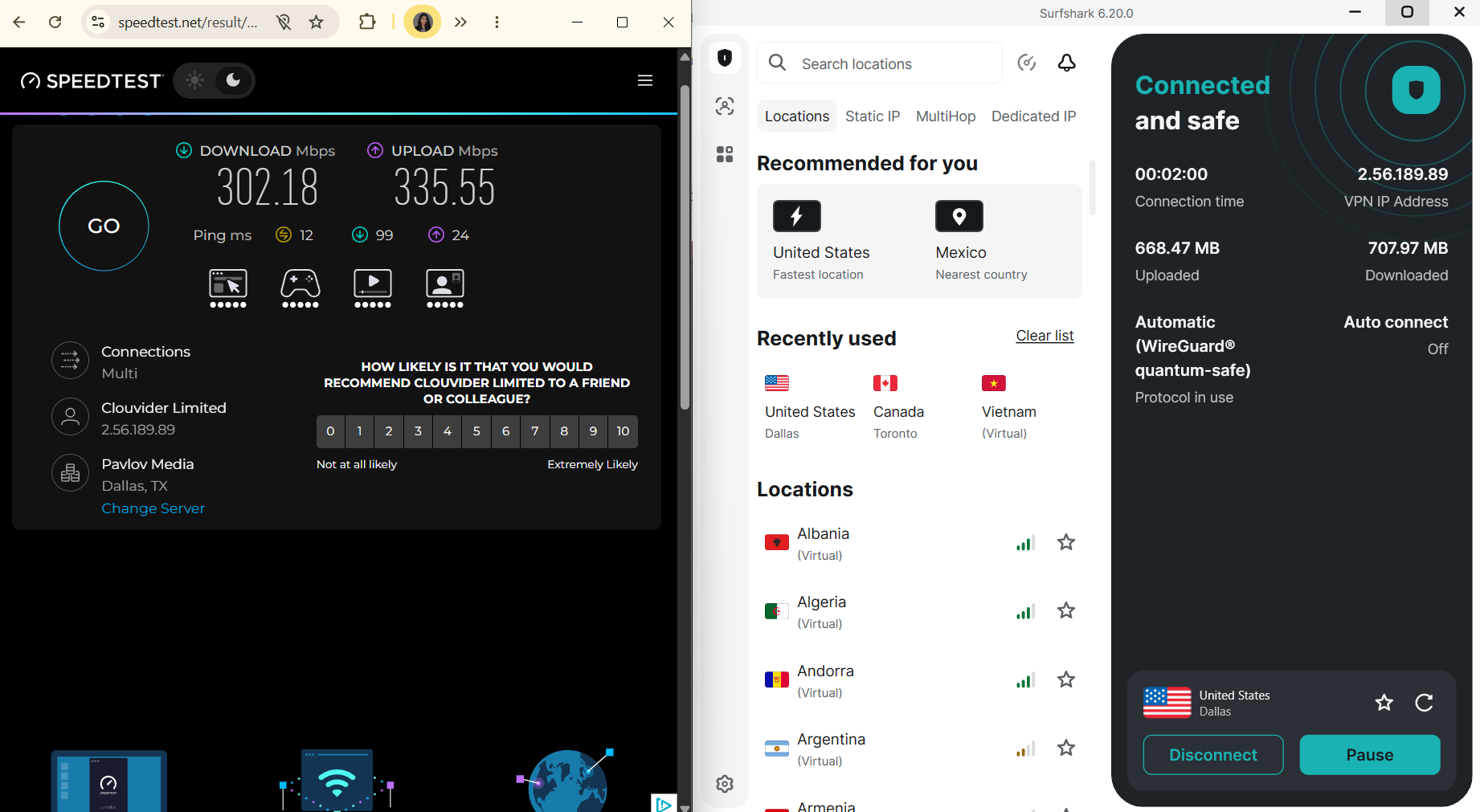 Speed test results for Surfshark while connected to a server in Dallas (302.18 download, 335.55 upload, 12 ping)