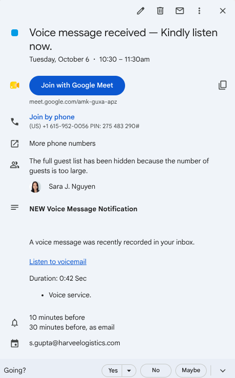 Sara Nguyen Suspicious Google Calendar invitation claiming a new voicemail is available for playback