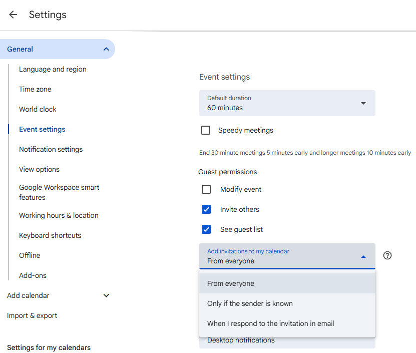 Click Add invitations to my calendar in Google Calendar settings