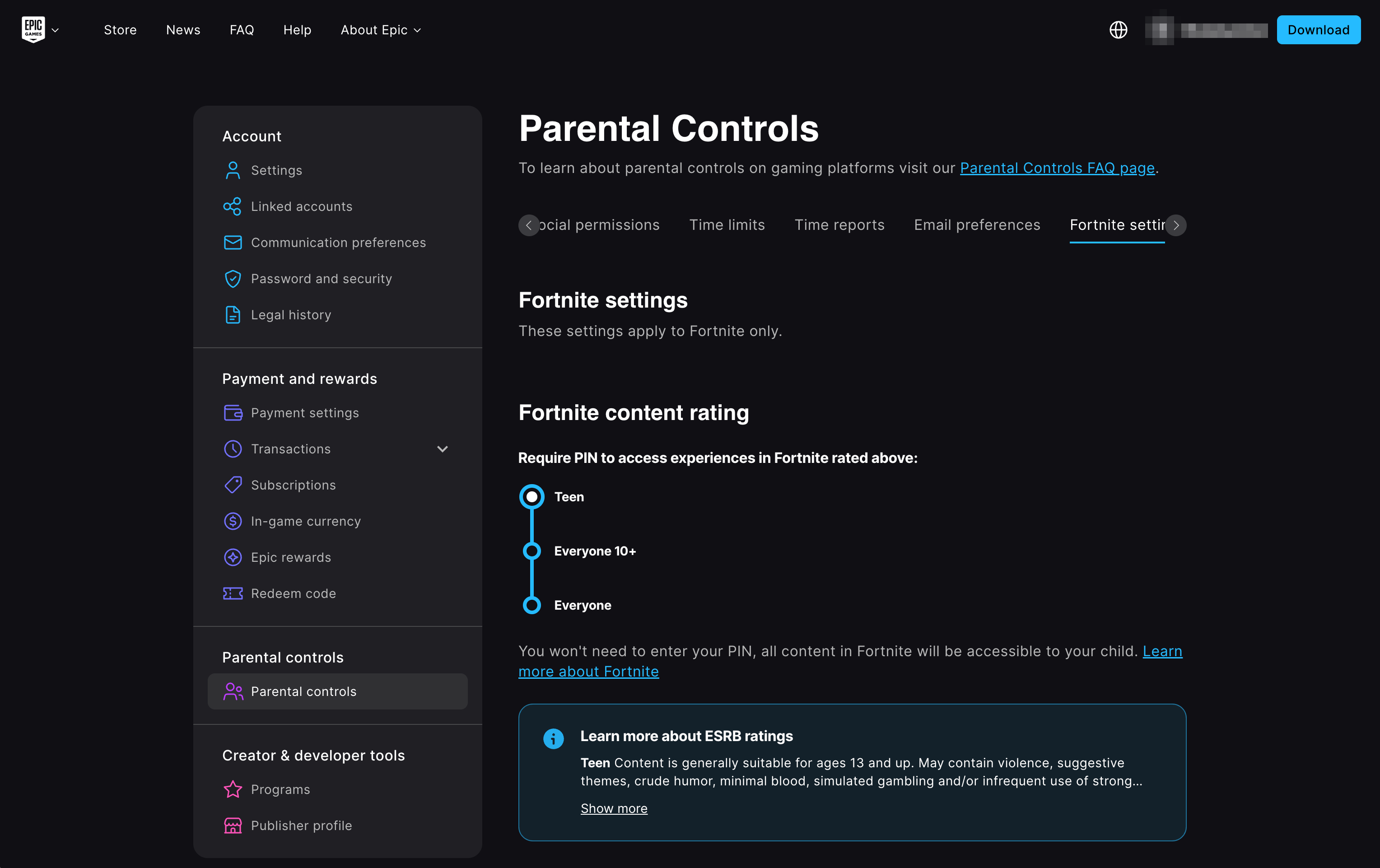 Fortnight Parental Controls settings