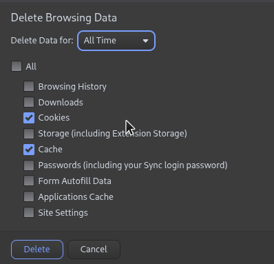 Browser settings showing options to clear cookies and cached data