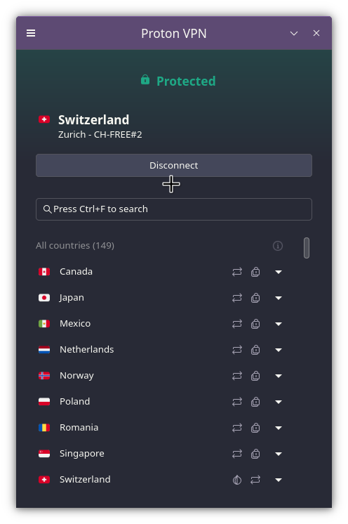 Proton VPN connected to a server in Switzerland