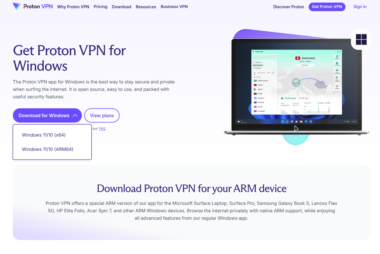 Proton VPN download page showing available installation options