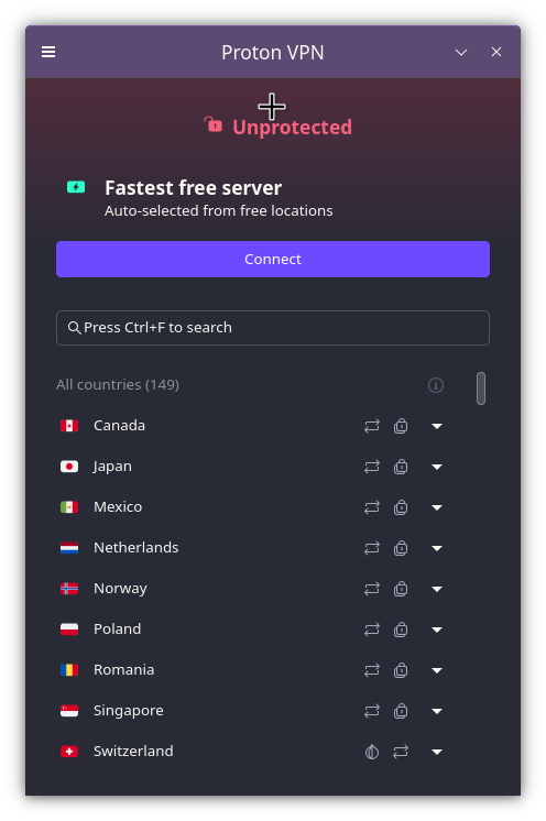 Proton VPN server list showing available countries and connection options