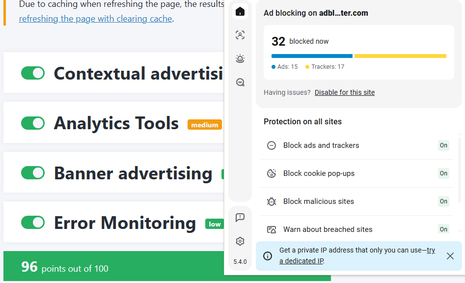 Surfshark CleanWeb's AdBlock Tester score on Chrome (96/100).
