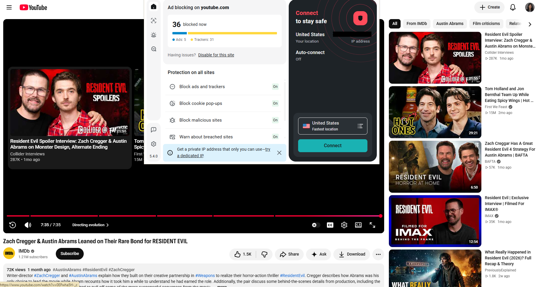 End of a YouTube video with Surfshark extension open in the foreground