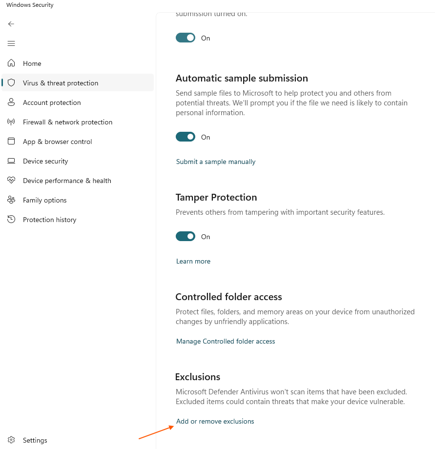 Windows Security's Virus & threat protection settings screen showing the Exclusions section and Add or remove exclusions link. 