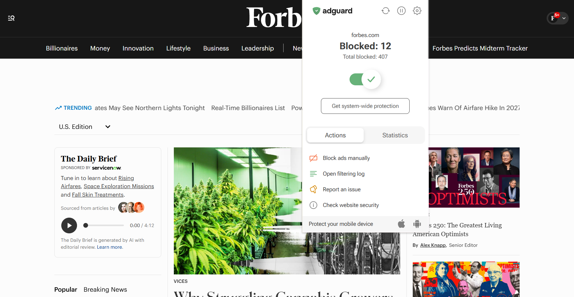 Forbes homepage with AdGuard extension open in the foreground (12 ads blocked)