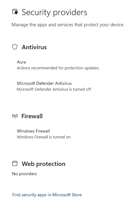 Manage providers in Windows Security displaying Aura and Microsoft Defender