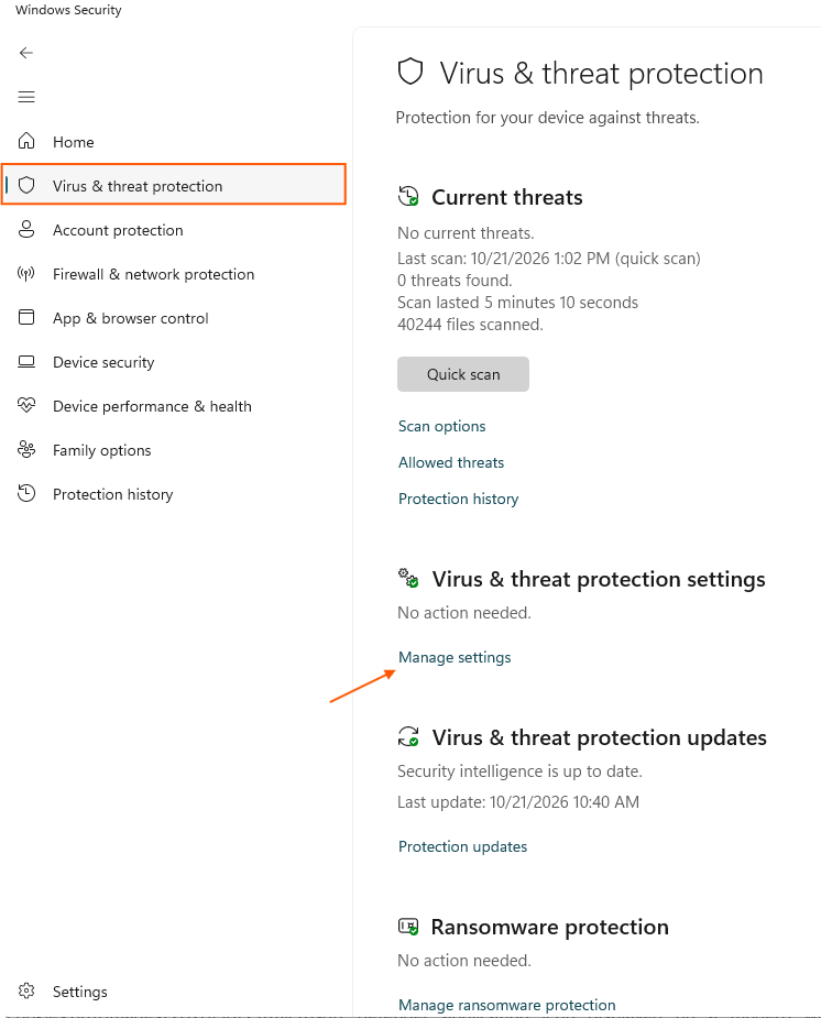 Virus & threat protection screen with the Manage settings link highlighted