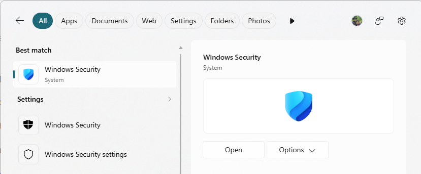 Windows 11 Start menu search results showing the Windows Security app.