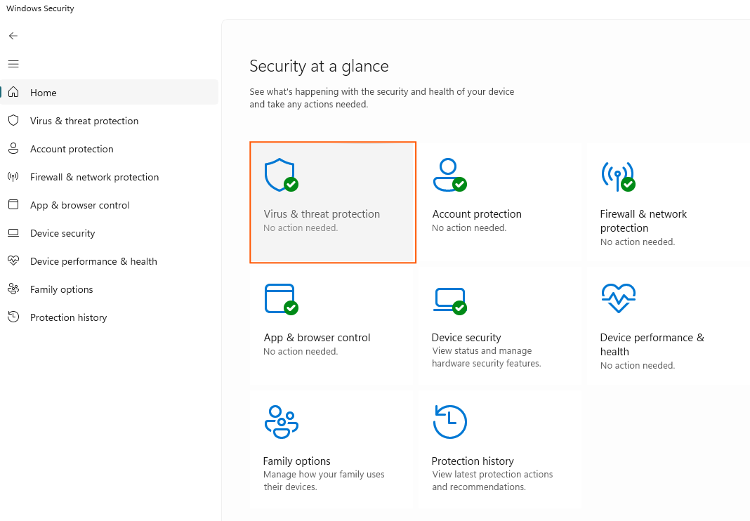 Windows Security dashboard with the Virus & threat protection option highlighted