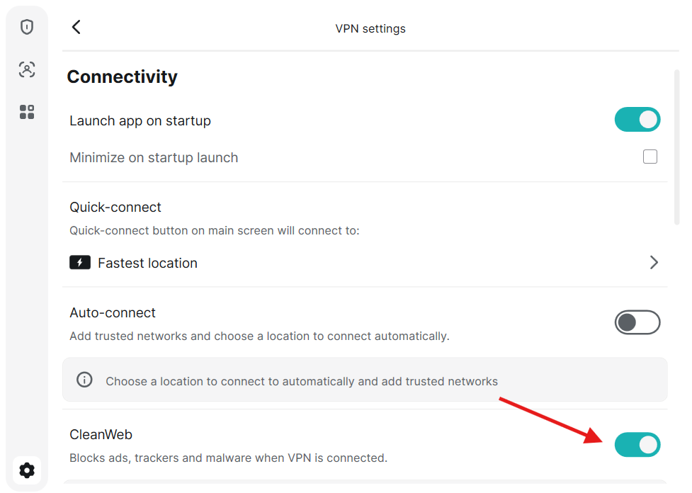 Surfshark CleanWeb settings with an arrow pointing at the CleanWeb toggle