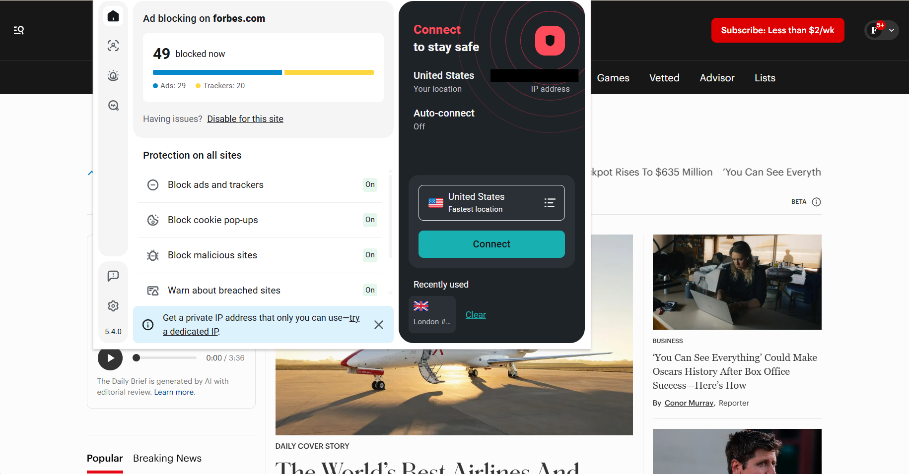 Forbes homepage with Surfshark extension open in the foreground (49 ads blocked)