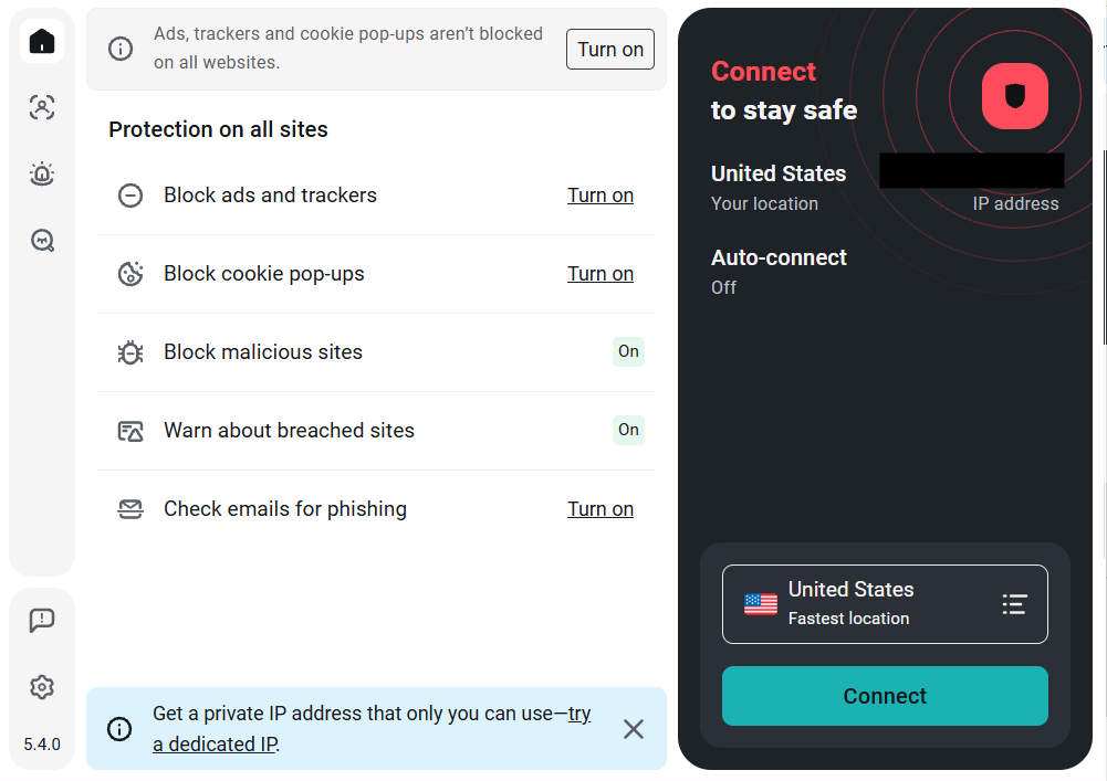 Surfshark browser extension with setup buttons for CleanWeb