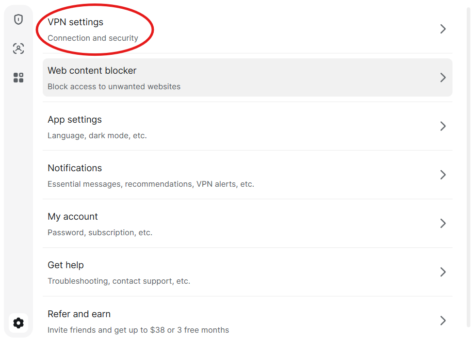 Surfshark settings tab, with a circle around the VPN settings button