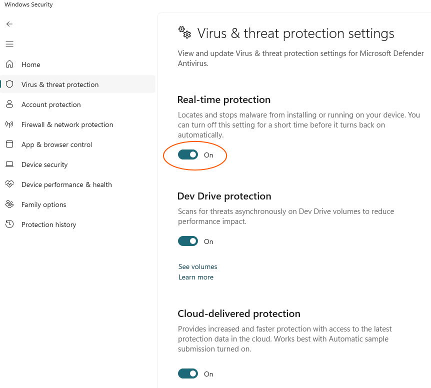 Virus & threat protection settings screen showing the Real-time protection toggle in the On position, with the toggle highlighted
